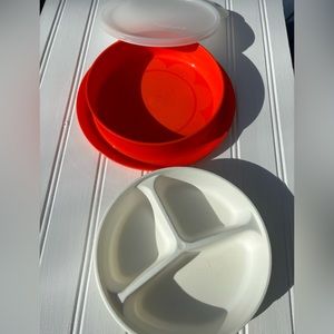 VINTAGE TUPPERWARE Little Diner Keep Warmer Divided Dish 3 Pieces Red 1707-7